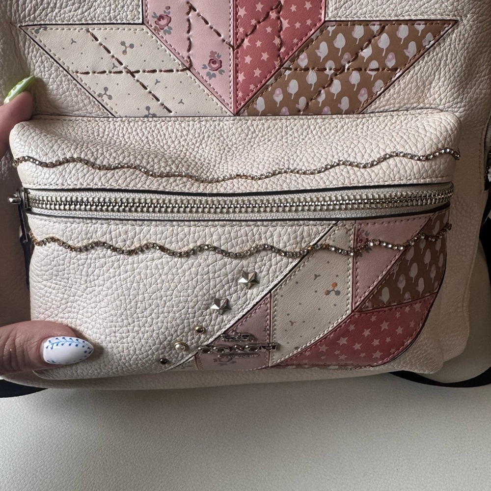Coach Cream Pebble Leather Backpack with Pink Patchwork Accents - Picture 4 of 9